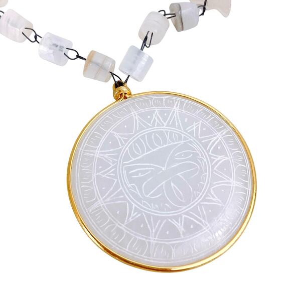 Vintage Aztec Sun Pendant Necklace, White Glass Silver Tone Metal Linked Beads - Picture 2 of 10